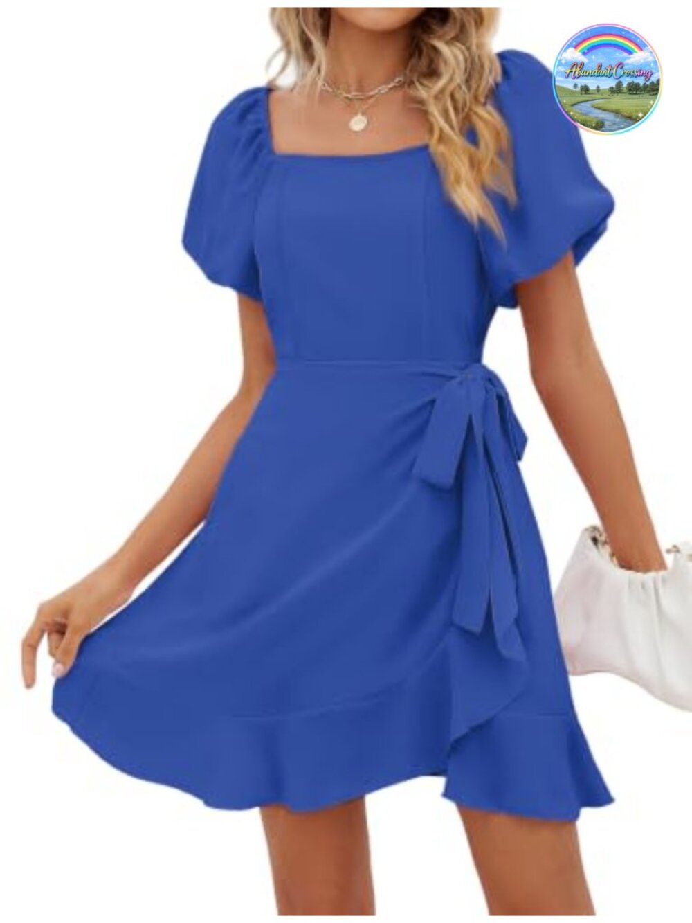 Women's Square Neck Puff Sleeve Tie Waist Mini Dress 100% Polyester Chiffon
